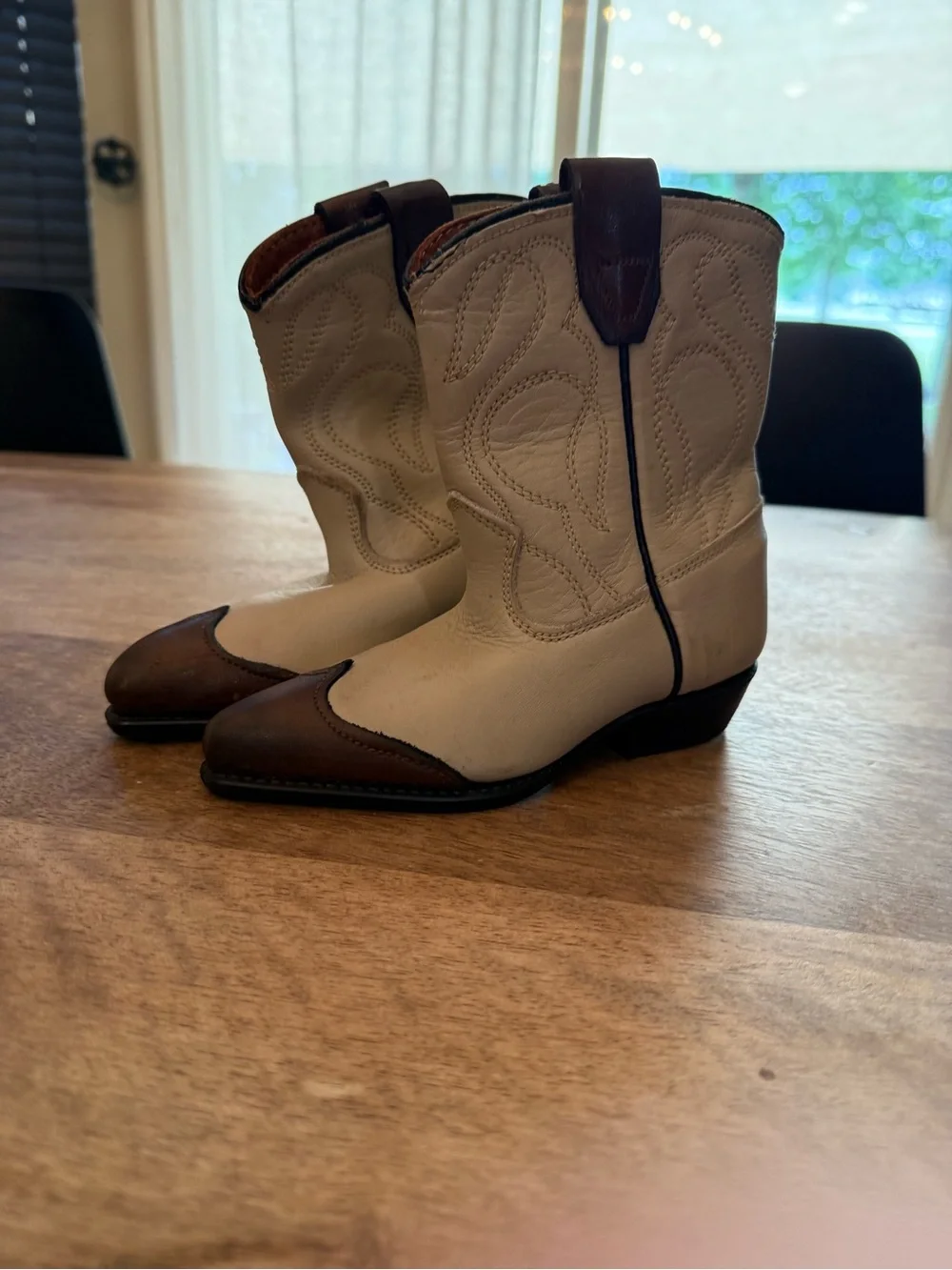 Vintage Texas Brand Kids Cowboy Boots Youth Size 7D Tan Brown Leather Made USA